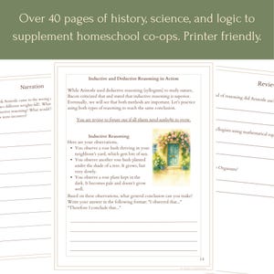 May include: A printed workbook page with text and illustrations. The page is from a homeschool curriculum, featuring history, science, and logic lessons. The text includes the phrase "Inductive and Deductive Reasoning in Action."