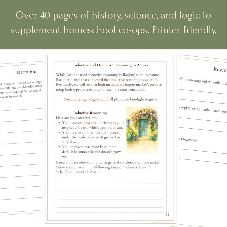 May include: A printed workbook page with text and illustrations. The page is from a homeschool curriculum, featuring history, science, and logic lessons. The text includes the phrase "Inductive and Deductive Reasoning in Action."