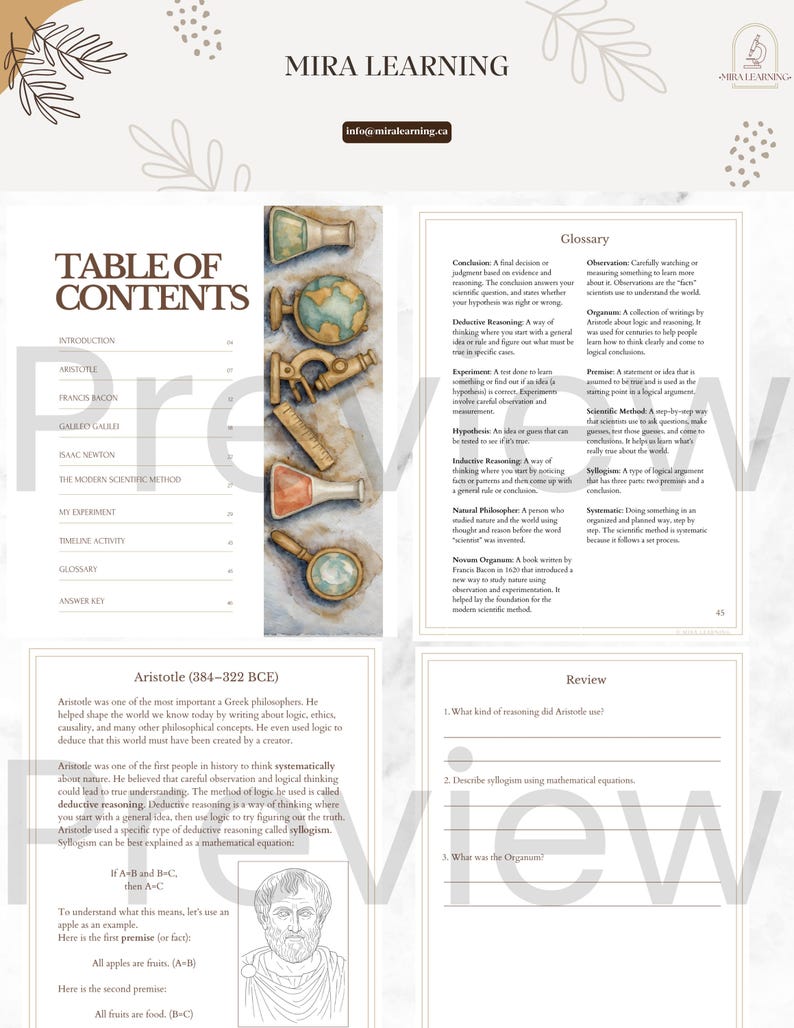 May include: Educational poster with the title "MIRA LEARNING" and a table of contents. The poster includes text about Aristotle, scientific methods, and a glossary. It features illustrations of scientific tools.