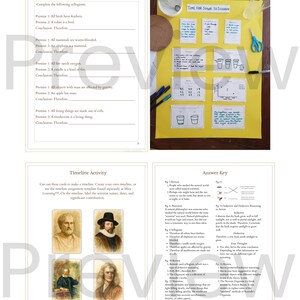 May include: A collection of educational materials, including worksheets with syllogisms, a timeline activity with portraits, and an answer key. The materials are on a white background with a yellow poster board.