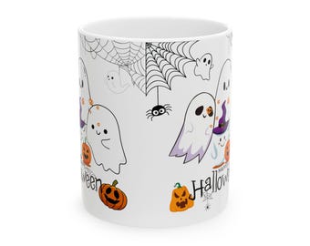 Cute Halloween Ceramic Mug – Ghosts & Pumpkins Coffee Cup for Spooky Fall Vibes