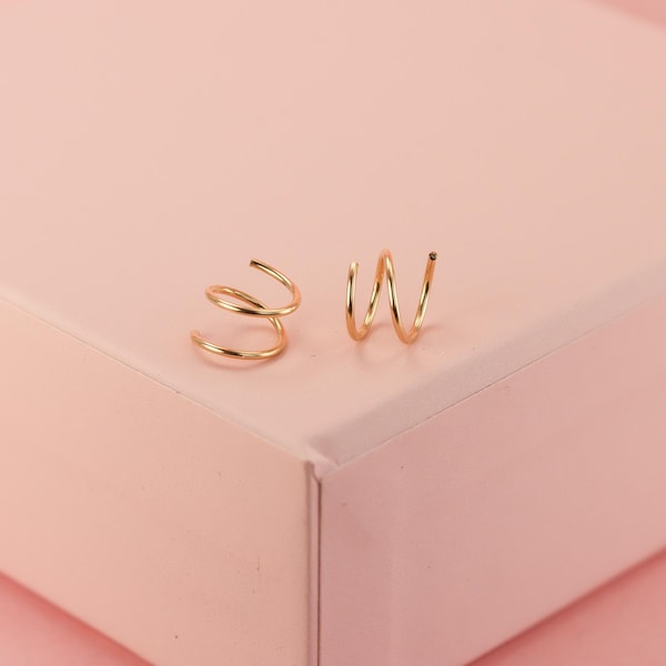 Mini Illusion Spiral Thread Hoops in Sterling Silver or Yellow or Rose Gold Fill, 1 Piercing Looks Like 2, 8.5mm Minimalist Double Hoops