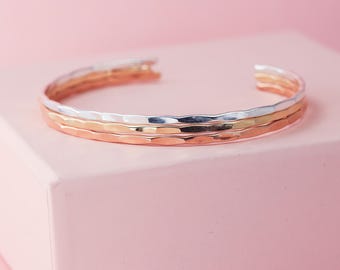 Set of 3 Mixed Metal Bracelets, 14K Gold Filled, Rose Gold, Sterling Silver Torque Bangles, Stacking Bracelets, Women's Jewellery Gift Set