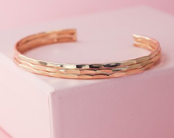 Set of Three 14k Gold Filled Cuff Bracelets, Thin Hammered Torque Bangles, Stacking Cuffs, Layering Jewellery Gifts for Women
