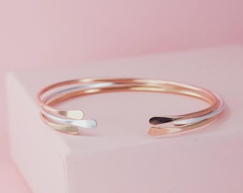 Set of 3 Cuff Bangles Made from 14k Yellow Gold Fill, 14k Rose Gold Fill & Sterling Silver, Stacking Torque Bracelets, Unique Gift for Her