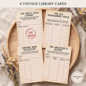 May include: Four rectangular off-white library cards with aged paper texture and red grid lines. Each card features unique black printed text including The Pretty Girls Library, The Old Bookbinder's Guild, Vintage Book Collective, and The Archivist's Society.