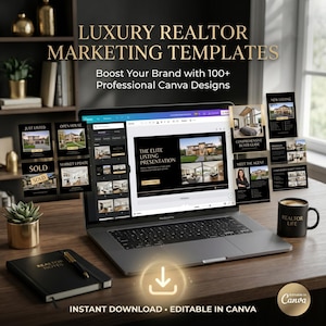 Könnte beinhalten: Ein Laptop zeigt Immobilienmarketing-Vorlagen mit dem Text "LUXURY REALTOR MARKETING TEMPLATES". Das Bild zeigt Canva-Designs, ein Notizbuch, einen Stift und eine Tasse mit der Aufschrift "REALTOR LIFE".