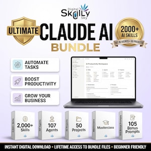 Może przedstawiać: Cyfrowy pakiet produktów zatytułowany Ultimate Claude AI Bundle z laptopem wyświetlającym obszar roboczy produktywności AI. Zawiera ikony automatyzacji zadań, zwiększania produktywności i rozwoju firmy oraz pięć pudełek z etykietami 2000+ Skills, 107 Agents, 50 Projects, Masterclass i 105 Bonus Prompts.