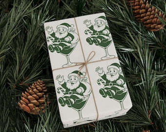 Green Vintage Santa Pattern Wrapping Paper | Holiday Gift Wrap Roll