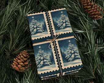 Vintage Winter Postage Stamp Wrapping Paper | Holiday Snow Scene Roll | Vintage Christmas Tree