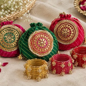 Puede incluir: Tres bolsas con cordón de tela magenta y verde, cada una con un medallón circular bordado en oro con detalles de espejo. Tres pilas de brazaletes en amarillo, rosa y rojo, cada uno adornado con pequeños dijes dorados colgantes.