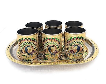 Meenakari Glass and Tray Set Handcrafted Bulk | Diwali Festival Gift | Indian Wedding Favors | Traditional Indian Gift Set