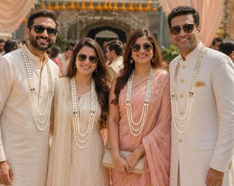 May include: Two individuals wearing cream-colored traditional attire and two individuals wearing peach and cream-colored traditional attire, all adorned with multi-layered pearl and mirror-work necklaces and dark-tinted sunglasses.