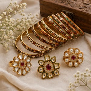 Può includere: Una collezione di bracciali in metallo dorato con intricati motivi smaltati in rosso, verde e bianco, accompagnata da tre anelli decorati. Ogni anello presenta una pietra rossa centrale circondata da pietre bianche o perle in un motivo floreale.