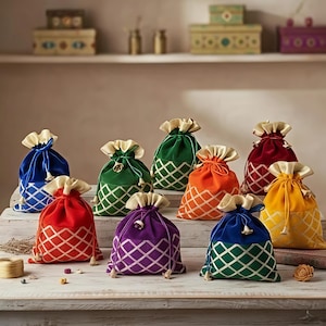 May include: A collection of nine small velvet drawstring pouches in various colors including blue, red, green, orange, purple, and yellow. Each pouch features a white lattice pattern on the lower half and a cream-colored fabric top closure.