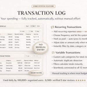 Puede incluir: Una pantalla digital que muestra un registro de transacciones con horarios de pago y transacciones variables. El texto dice "REGISTRO DE TRANSACCIONES" y destaca funciones como "SIN ENTRADA MANUAL" y "FILTROS INTELIGENTES".