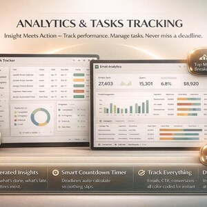 Op de afbeelding: Twee digitale tablets met analyse- en taakvolggegevens. De schermen tonen grafieken, grafieken en gegevenstabellen. Tekst op de afbeelding bevat "Analytics & Tasks Tracking" en functies zoals "Auto-Generated Insights" en "Dynamic Charts".