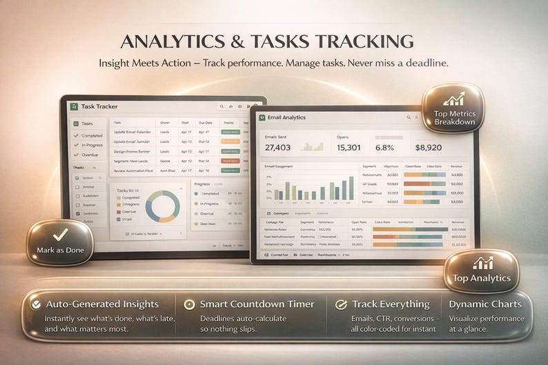 Op de afbeelding: Twee digitale tablets met analyse- en taakvolggegevens. De schermen tonen grafieken, grafieken en gegevenstabellen. Tekst op de afbeelding bevat "Analytics & Tasks Tracking" en functies zoals "Auto-Generated Insights" en "Dynamic Charts".