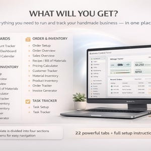 K&ouml;nnte beinhalten: Ein MacBook Pro zeigt ein Business-Control-Panel mit Finanzdaten. Das Bild enth&auml;lt den Text &bdquo;WHAT WILL YOU GET?&ldquo; und listet Funktionen wie Dashboards, Bestellungen & Inventar und Aufgabenverfolgung auf. Eine kleine Pflanze und B&uuml;romaterial sind ebenfalls zu sehen.