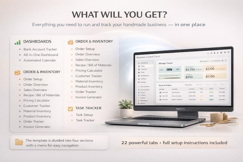 K&ouml;nnte beinhalten: Ein MacBook Pro zeigt ein Business-Control-Panel mit Finanzdaten. Das Bild enth&auml;lt den Text &bdquo;WHAT WILL YOU GET?&ldquo; und listet Funktionen wie Dashboards, Bestellungen & Inventar und Aufgabenverfolgung auf. Eine kleine Pflanze und B&uuml;romaterial sind ebenfalls zu sehen.