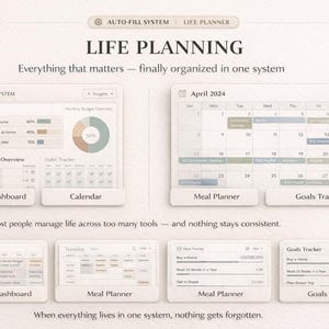 Puede incluir: Interfaz de planificador de vida digital con el texto &laquo;LIFE PLANNING&raquo; y &laquo;Everything that matters &mdash; finally organized in one system&raquo;. Incluye un panel din&aacute;mico, calendario, planificador de comidas y seguimiento de objetivos.