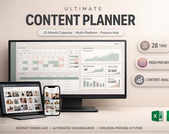 Inhaltsplaner Excel, Google Sheets | Social Media Kalender Tabelle Monatlicher Tracker | Instagram TikTok Vorlage