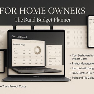 Könnte beinhalten: Ein Laptop und mehrere Tablets zeigen eine Benutzeroberfläche für einen Budgetplaner für die Renovierung von Eigenheimen. Der Laptop-Bildschirm zeigt ein Kosten-Dashboard mit einem Kreisdiagramm. Der Text enthält "Cost Dashboard" und "Renovation Budget".