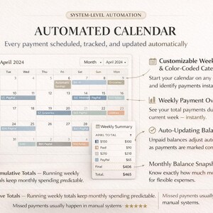 Puede incluir: Interfaz de calendario automatizado con el texto "AUTOMATED CALENDAR" y "April 2024". Incluye categor&iacute;as con c&oacute;digos de color, resumen de pagos semanales, saldo de actualizaci&oacute;n autom&aacute;tica y una instant&aacute;nea mensual del saldo. El dise&ntilde;o est&aacute; listo para imprimir.