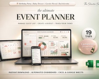 May include: An event planner displayed on a laptop, tablet, and smartphone. The laptop screen shows a dashboard with charts and data. The image includes the text "the ultimate EVENT PLANNER" and "INSTANT DOWNLOAD | AUTOMATED DASHBOARD | EXCEL & GOOGLE SHEETS."