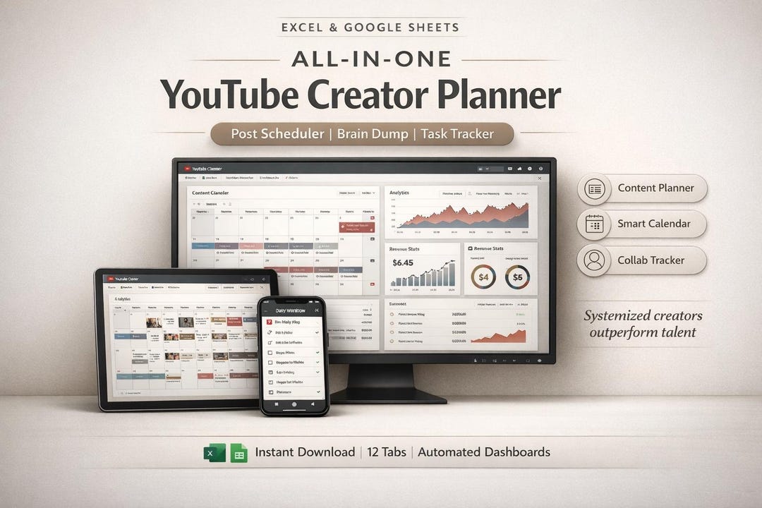 Youtube Digital Creator Planner Spreadsheet | Monthly Content Calendar ...