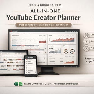May include: An all-in-one YouTube Creator Planner displayed on a computer monitor, tablet, and smartphone. The planner includes features like a post scheduler, brain dump, and task tracker. The image also shows the text "Instant Download" and "12 Tabs".