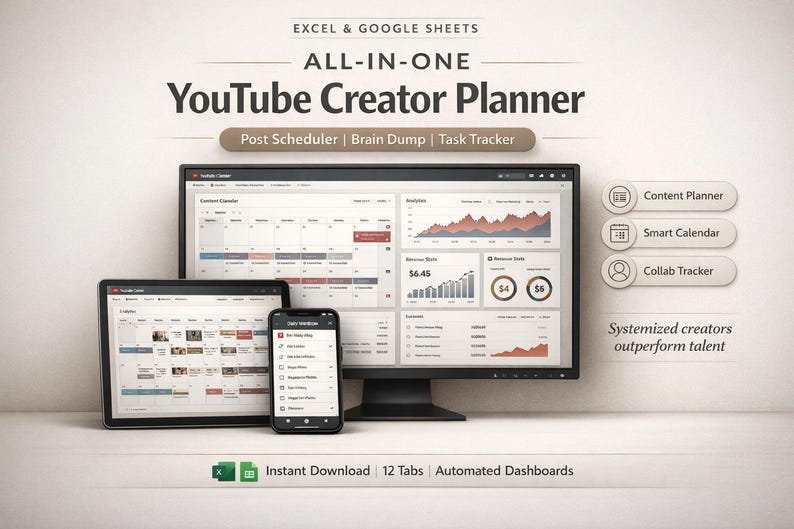 Youtube Digital Creator Planner Spreadsheet | Monthly Content Calendar ...