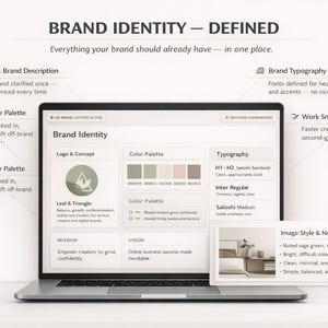 Op de afbeelding: Een laptop met een "Brand Identity" interface, met een tablet met beeldstijlnotities. Het scherm toont kleurenpaletten, typografie en logo-informatie. Tekst bevat "Brand Identity - Defined" en "Work Smarter, Stay On-Brand."