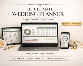 Ultimate Wedding Planner Spreadsheet | Budget, Guest List, Smart Calendar Seating Plan  | Excel & Google Sheets