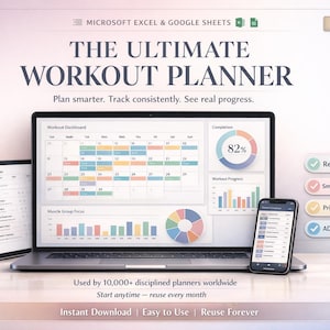 May include: A digital workout planner displayed on a laptop, tablet, and smartphone. The laptop screen shows a calendar and progress charts. The image includes the text "THE ULTIMATE WORKOUT PLANNER" and features like a reusable system and a smart workout calendar.