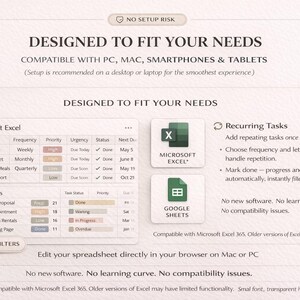 Puede incluir: Interfaz de hoja de c&aacute;lculo digital con el texto &laquo;DESIGNED TO FIT YOUR NEEDS&raquo;. La imagen muestra iconos de Microsoft Excel y Google Sheets, con funciones de gesti&oacute;n de tareas y el texto &laquo;SMART FILTERS&raquo;.