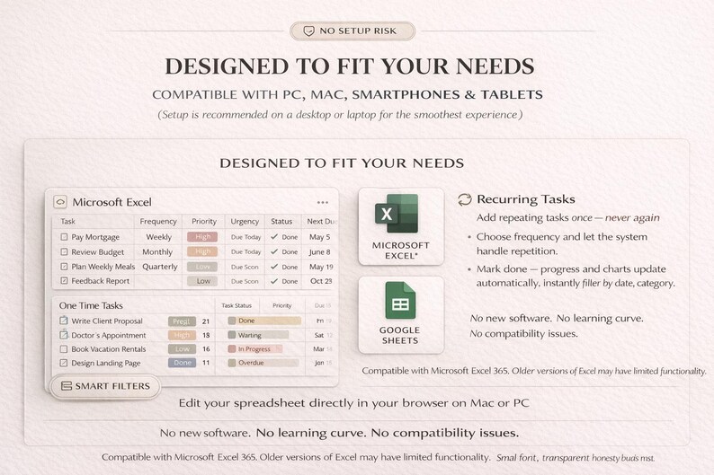 Puede incluir: Interfaz de hoja de c&aacute;lculo digital con el texto &laquo;DESIGNED TO FIT YOUR NEEDS&raquo;. La imagen muestra iconos de Microsoft Excel y Google Sheets, con funciones de gesti&oacute;n de tareas y el texto &laquo;SMART FILTERS&raquo;.