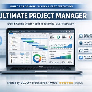 May include: A laptop displaying the "ULTIMATE PROJECT MANAGER" interface, with charts and graphs. The screen shows project management data, including Gantt charts and financial summaries. Text includes "Excel & Google Sheets" and "Built-In Recurring Task Automation."