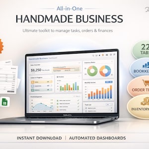 May include: A laptop displays a "Handmade Business Dashboard" with charts and data. The image includes the text "All-in-One HANDMADE BUSINESS" and "Ultimate toolkit to manage tasks, orders & finances." Additional elements include a "NEW - Limited-time discount" badge and icons for bookkeeping and order tracking.