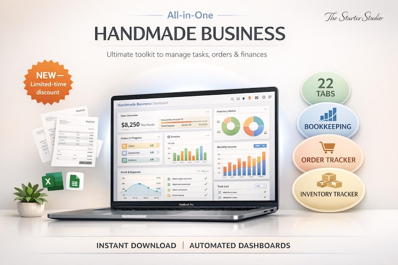 K&ouml;nnte beinhalten: Ein Laptop zeigt ein Business-Dashboard mit Diagrammen und Daten. Das Bild enth&auml;lt den Text "All-in-One HANDMADE BUSINESS" und "Ultimate toolkit to manage tasks, orders & finances." Es gibt auch ein "NEW - Limited-time discount"-Abzeichen und Symbole f&uuml;r verschiedene Gesch&auml;ftsfunktionen.