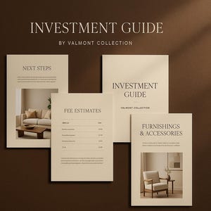 Puede incluir: Un conjunto de folletos de color crema con el título "INVESTMENT GUIDE" y el texto "VALMONT COLLECTION". Los folletos incluyen los títulos "NEXT STEPS", "FEE ESTIMATES" y "FURNISHINGS & ACCESSORIES". El fondo es marrón oscuro.