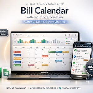 May include: A laptop and smartphone display a bill calendar interface with recurring automation features. The screen shows a calendar layout with spending categories and custom frequency options. The image includes the text "Bill Calendar" and "Recurring Transactions."