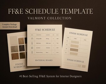 FF&E Stundenplan Vorlage • Innendesign Möbel und Oberflächen Kundenpräsentation (Canva, Sheets, Excel)