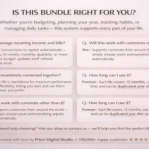Puede incluir: Gr&aacute;fico beige claro con el texto "IS THIS BUNDLE RIGHT FOR YOU?" y varias preguntas sobre presupuestos y planificaci&oacute;n. La imagen incluye el texto "Need help choosing?" en un bot&oacute;n circular.