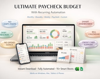 Gehaltsscheck Budget Tabelle | Excel & Google Sheets | Wöchentlicher, zweiwöchentlicher, monatlicher Budgetplaner
