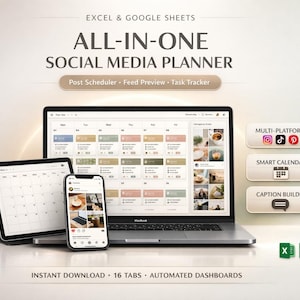 May include: A laptop, tablet, and smartphone display a social media planner interface. The screen shows a calendar layout with various content previews. The image also includes icons for multi-platform use, a smart calendar, and a caption builder. The text reads "All-in-One Social Media Planner."