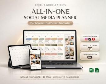 Planificador de redes sociales Excel y Hojas de cálculo de Google Instagram TikTok / Calendario de contenido, panel de control, análisis, vista previa del feed
