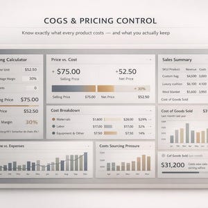 K&ouml;nnte beinhalten: Ein digitales Display mit Finanzdatenanalysen, einschlie&szlig;lich Preisgestaltung, Kostenaufschl&uuml;sselung und Umsatz&uuml;bersichten. Der Bildschirm zeigt Diagramme und Zahlen zu Produktkosten und Gewinnmargen mit dem Text "COGS & PRICING CONTROL".