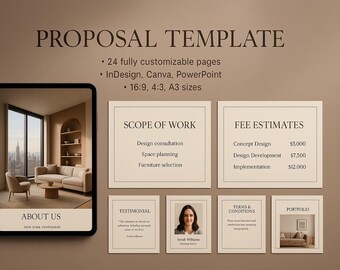 Interior Design Fee Kit • Kundenpräsentation • Portfolio • Preisvorlage • Bearbeitbare Canva + Sheets & InDesign