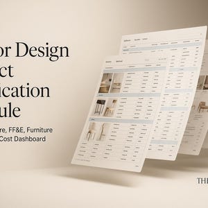 May include: A product specification schedule for interior design, with the text "Interior Design Product Specification Schedule". The schedule includes sections for lighting, hardware, FF&E, furniture finishes, and overall cost dashboard. The Starter Studio logo is visible.